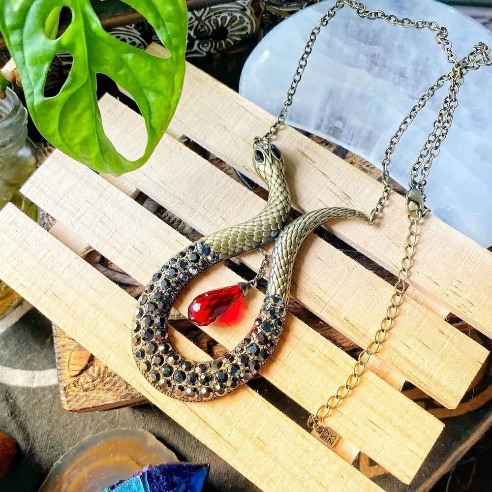 Egyptian Antique Copper Brass Snake Siam Glass Necklace